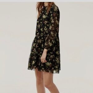 Aritzia Wilfred Lemara Black Floral Long-Sleeve Chiffon Minidress